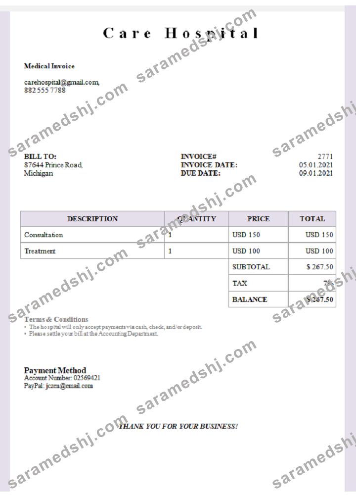 USA Care Hospital invoice